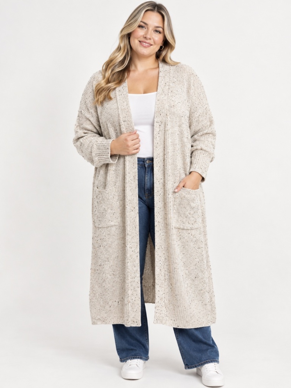 Yet Again Womens 3X Beige Long Duster Cardigan Open Front Knit Texture w/Pockets